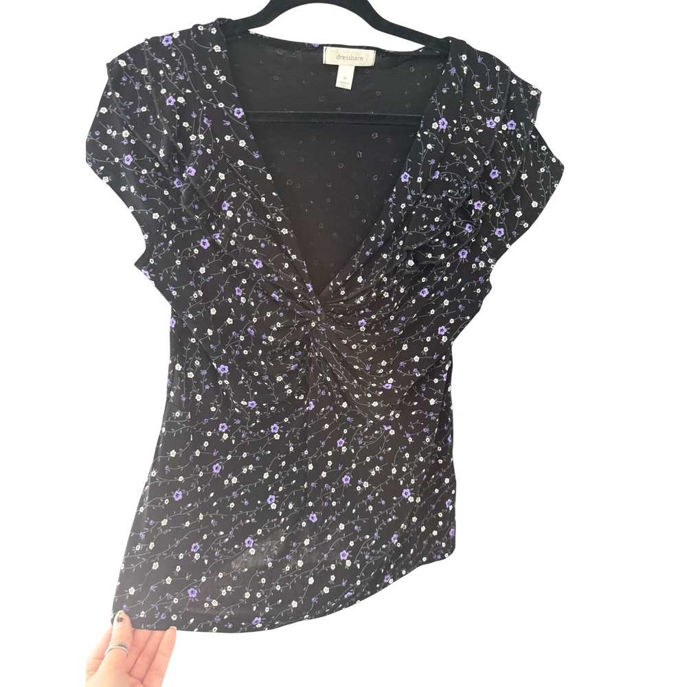 Dressbarn Y2k Whimsigoth Black Floral Twist Front Ruffle Cap Sleeve Top M Witchy